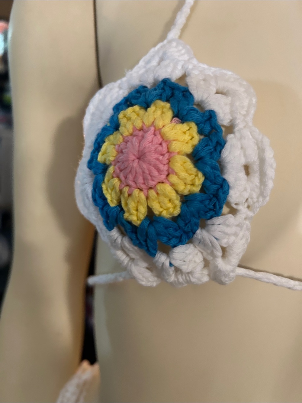 SHEIN White Crochet Floral Thong Bikini with Blue and Yellow Accents - Picture 5 of 10
